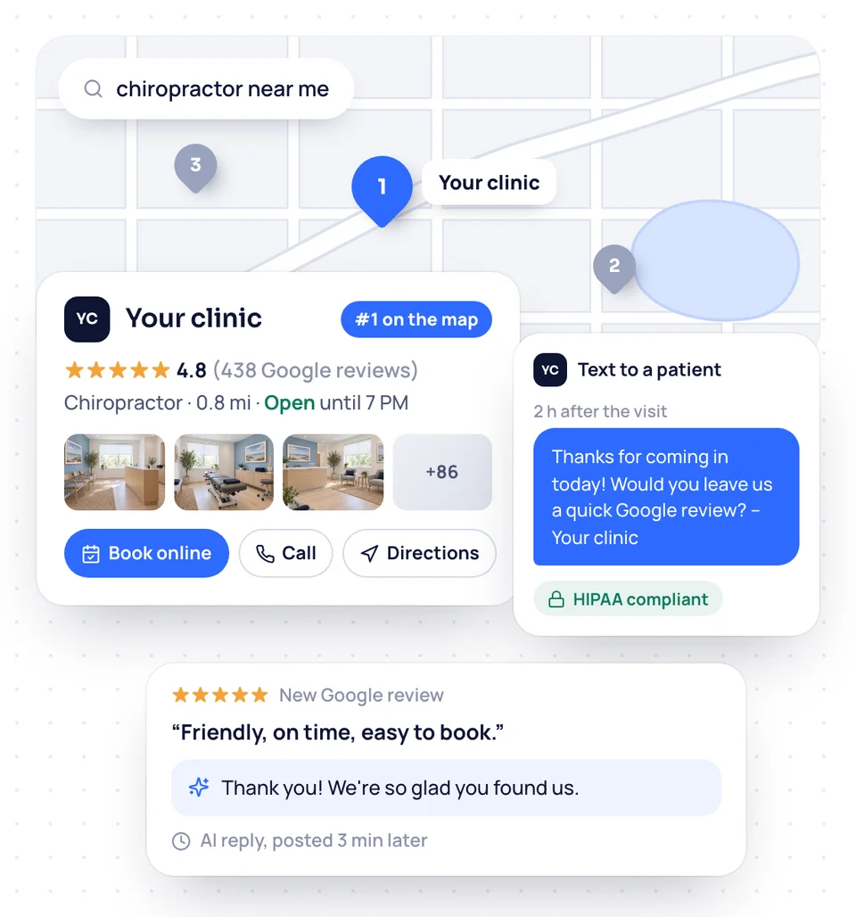 Your funeral home topping the local map, with its listing, a review request text and an AI review reply