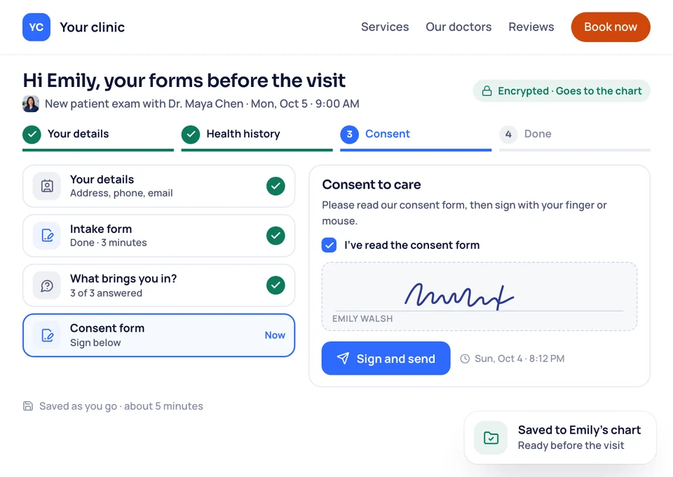 Your funeral home's forms page, where a family member signs a consent form before their first meeting with the director.