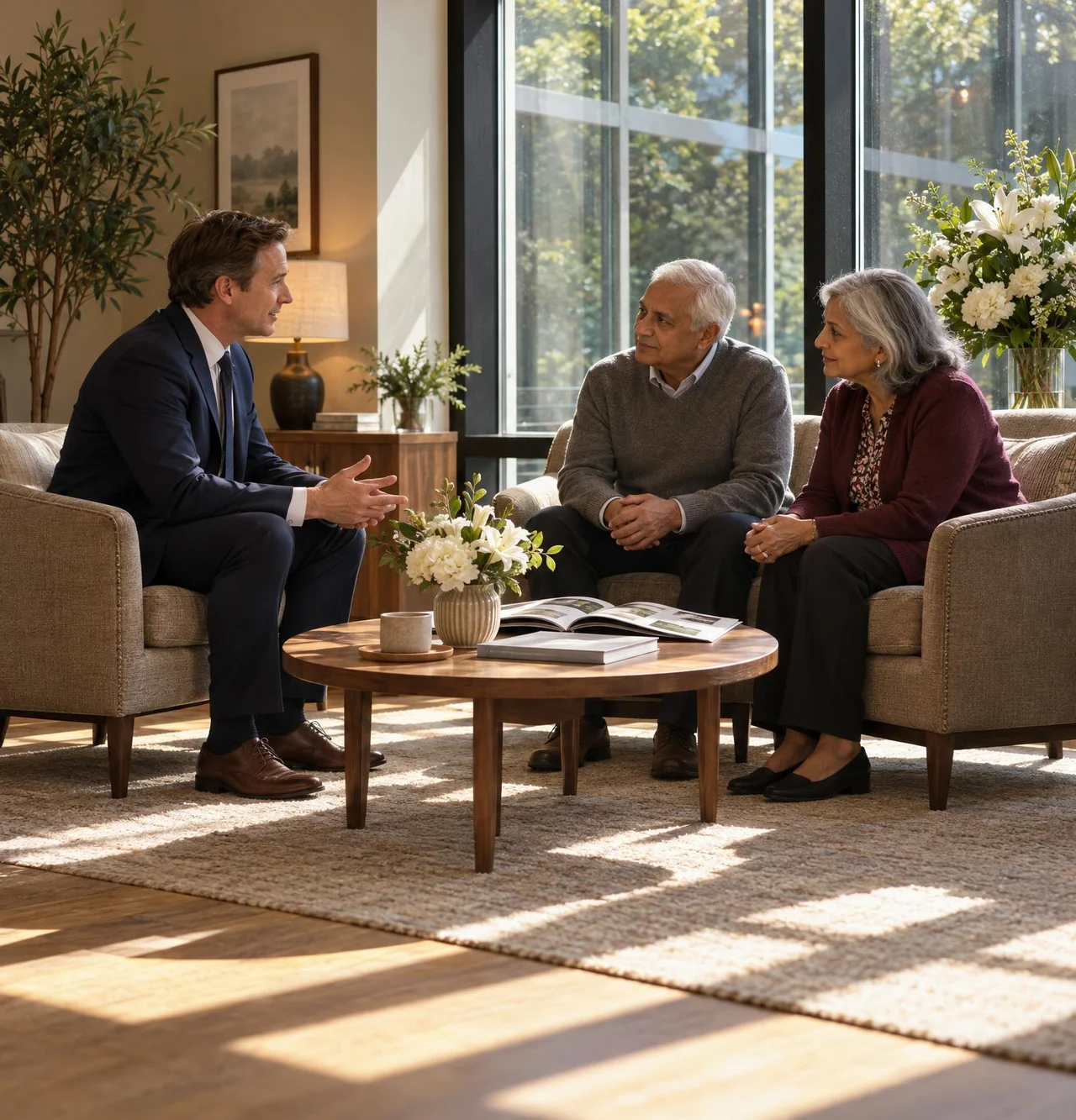 A funeral director meets a couple for a pre-planning meeting in the arrangement room.