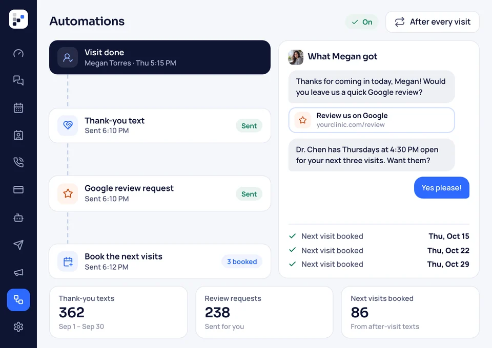 After-meeting automation in the app: a thank-you text, a Google review request and the family's next three meetings booked.