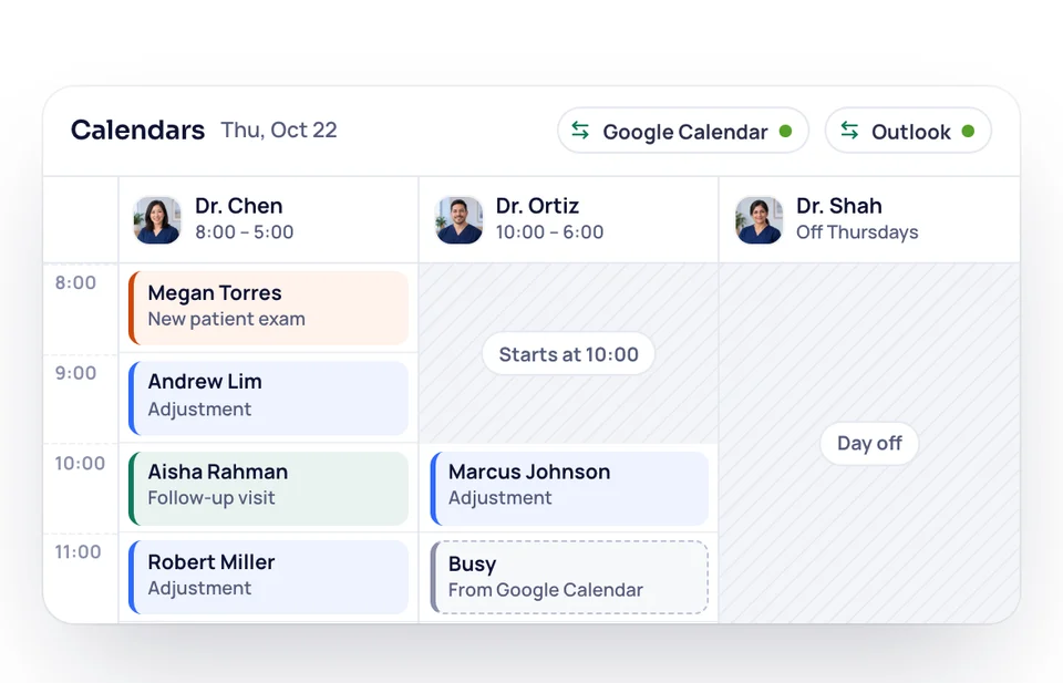 One calendar showing three directors' Thursdays side by side, synced with Google Calendar and Outlook.