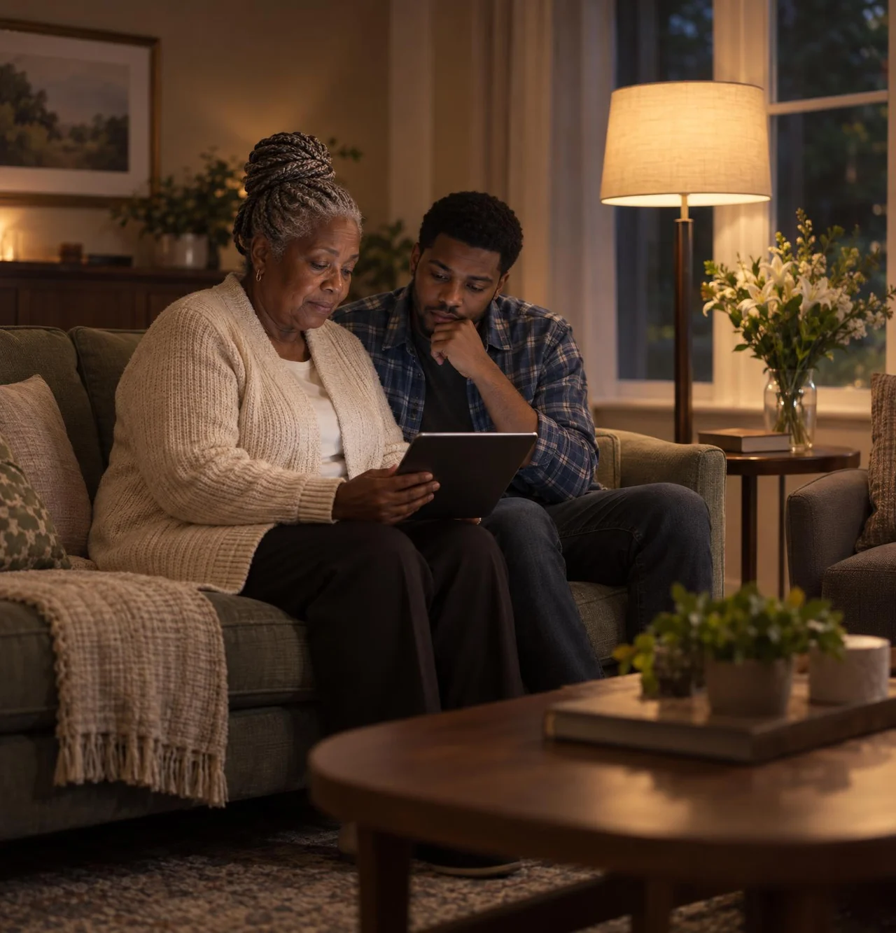 A grandmother and her grandson read an obituary a friend shared on Facebook, on a tablet at home.