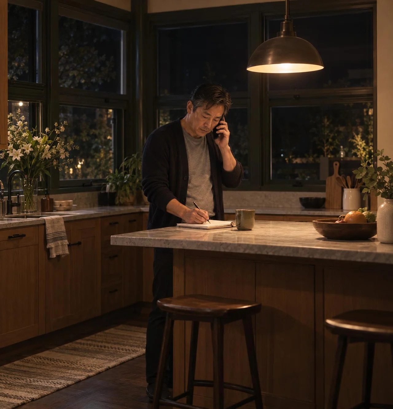 The on-call director takes a call on his phone late at night in his kitchen.
