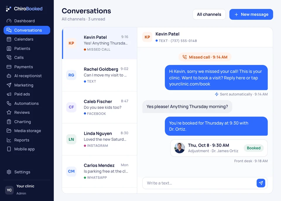 The app's inbox with texts, Facebook, Instagram, WhatsApp and email in one list, and a missed call answered by text and booked.