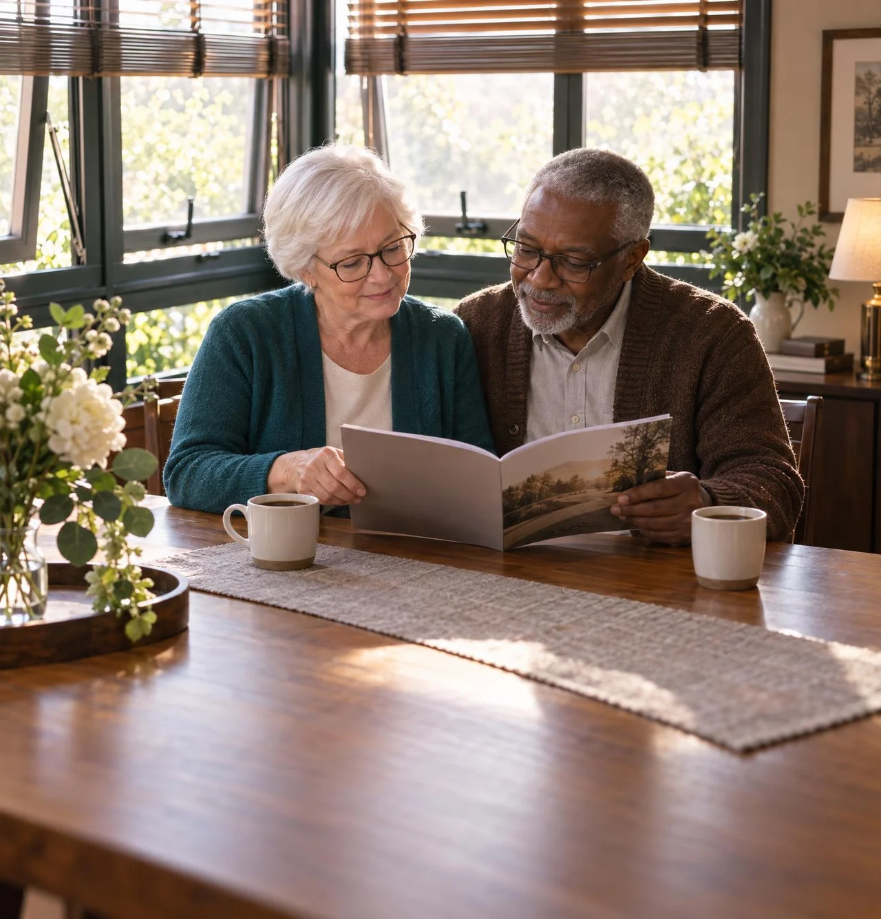 A couple in their late 60s read a pre-planning guide together at their kitchen table