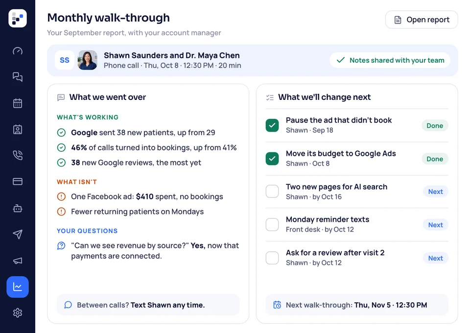Notes from the monthly walk-through call with your account manager: what's working, what isn't, a question answered and the next changes.