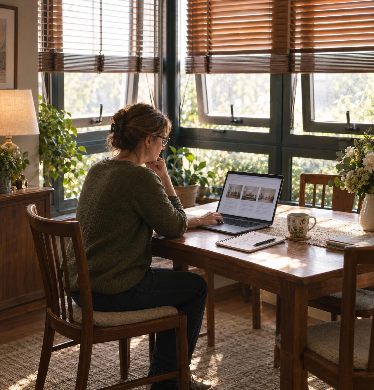 A daughter compares funeral homes' prices on her laptop at the kitchen table.