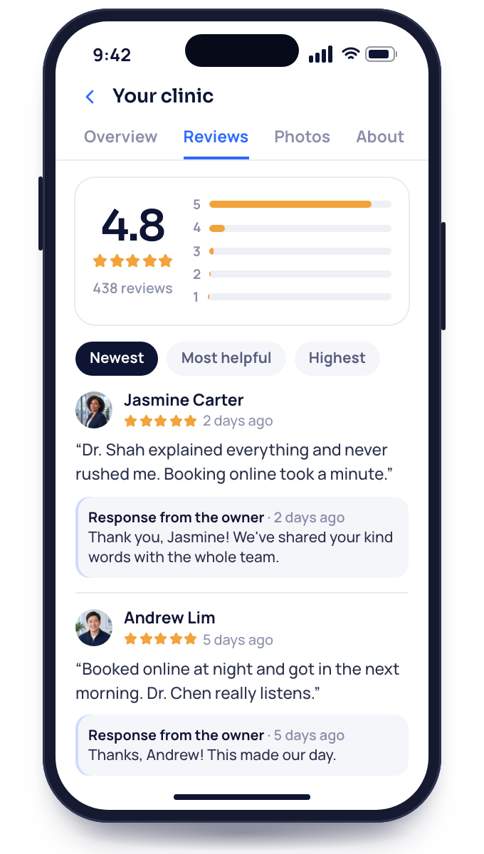 A phone with your funeral home's Google reviews at 4.8 stars from 438, each recent review answered by the owner.