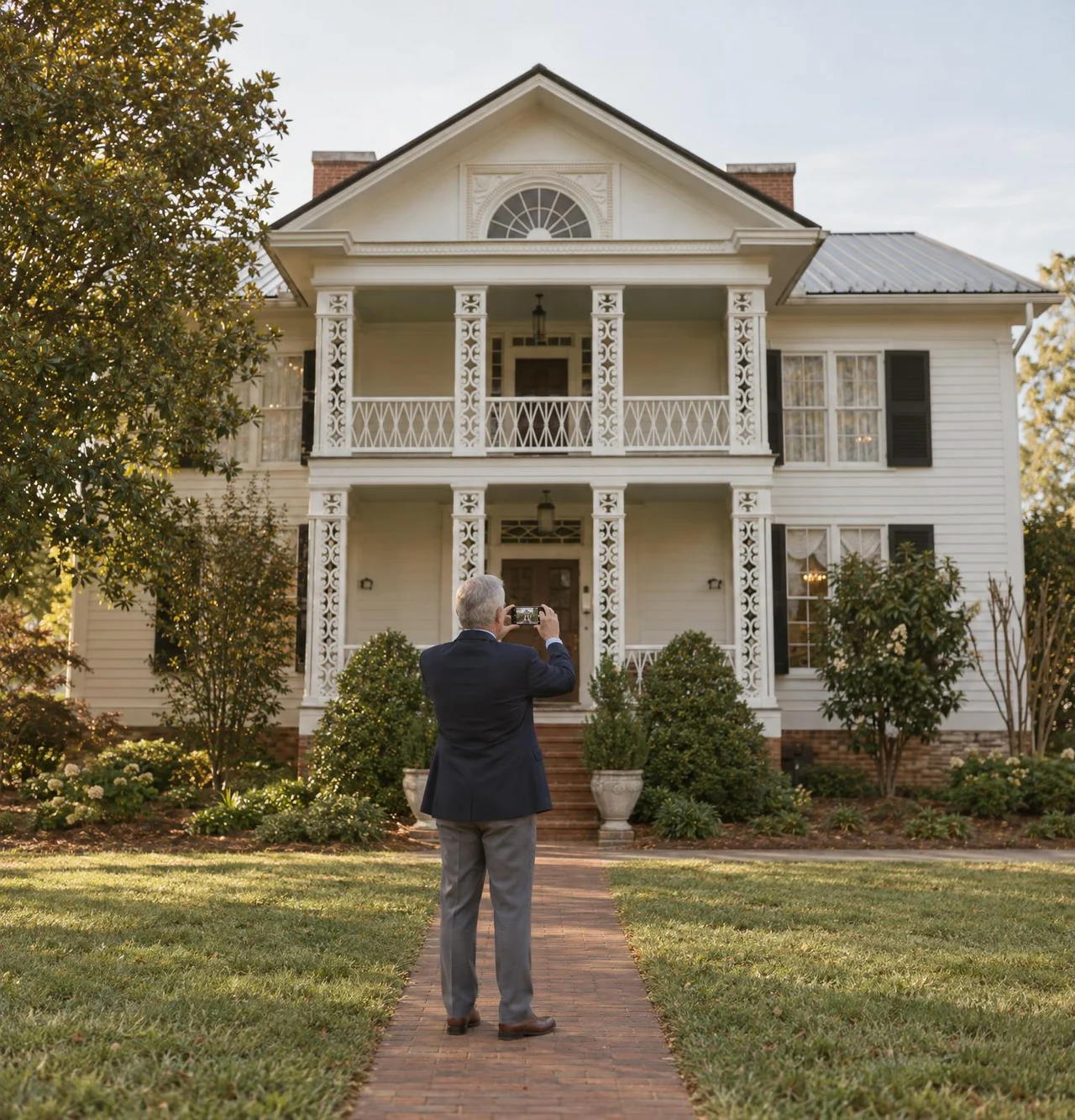 A funeral home owner photographs the front of his funeral home with his phone, for its Google profile