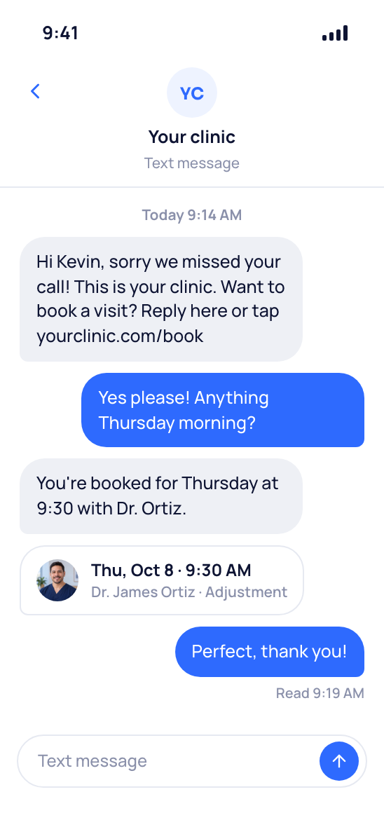 A family member's phone with the missed-call text from your funeral home and a meeting booked for Thursday at 9:30.