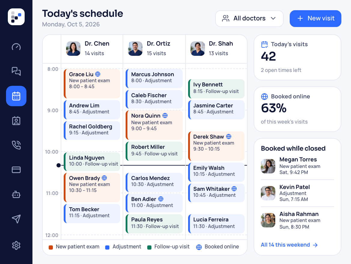Funeral home scheduling software with today's appointments for three directors side by side, color-coded by type