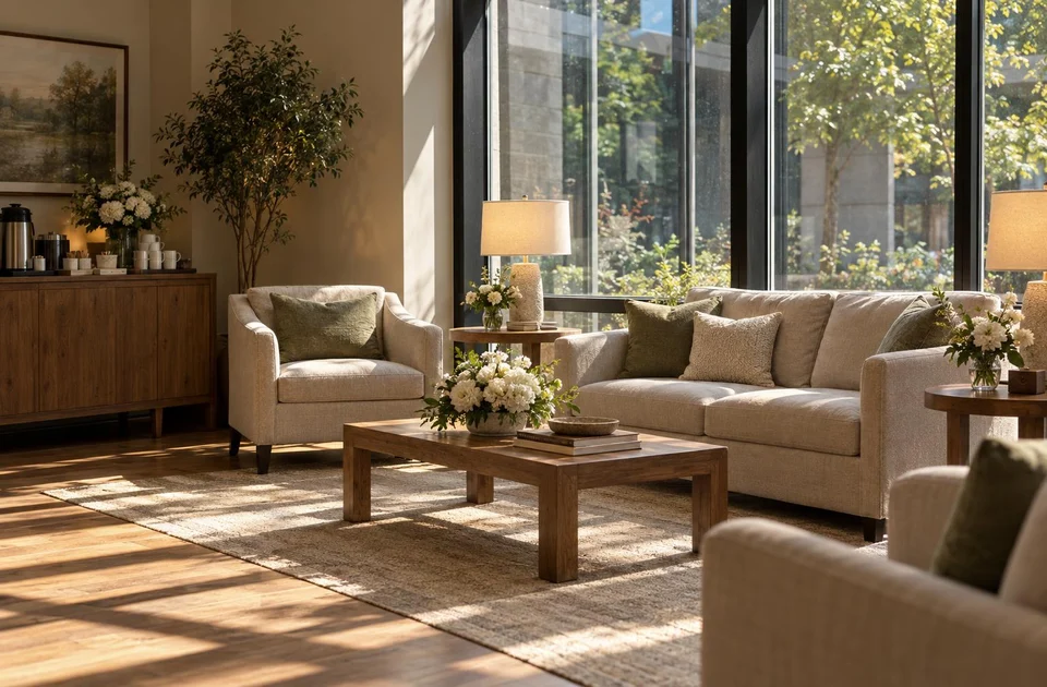 The quiet family lounge of a larger funeral home, ready for visitors