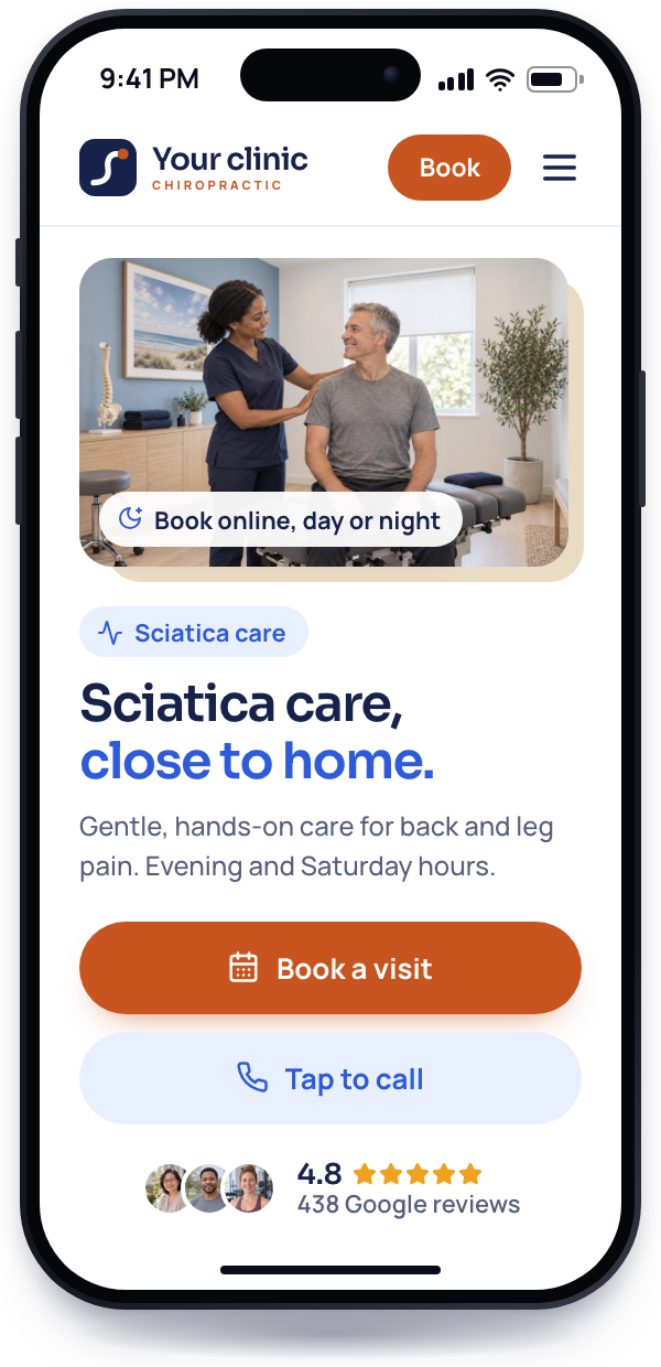 At 9:41 PM, the top of your service page on a phone: photo, headline, booking and call buttons, and a 4.8-star rating.
