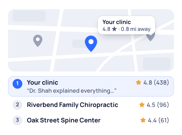 A Google map of three nearby funeral homes, yours listed first with a line from its newest review.