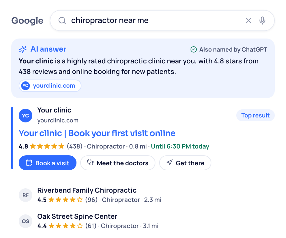 A Google search for a nearby funeral home, with yours named in the AI answer and ranked first locally