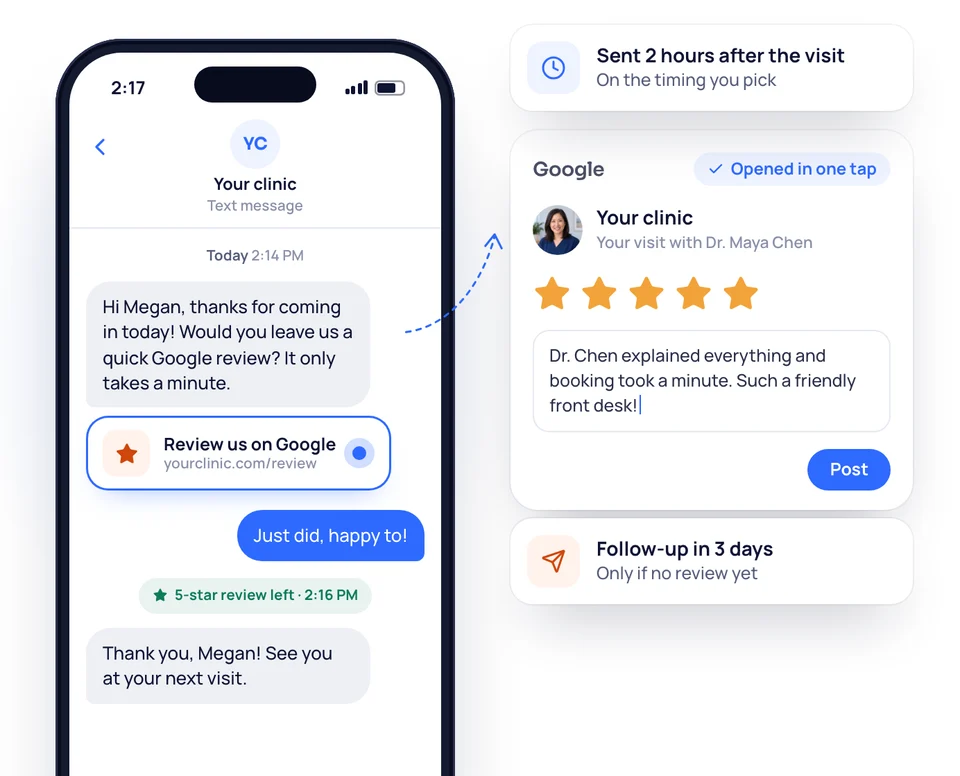 A review request text on a family member's phone that opens Google at five stars, sent 2 hours after the meeting.