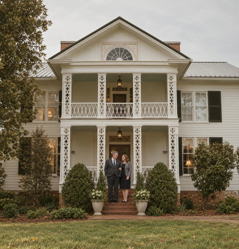 The owners of a long-standing family funeral home stand together on its front porch.