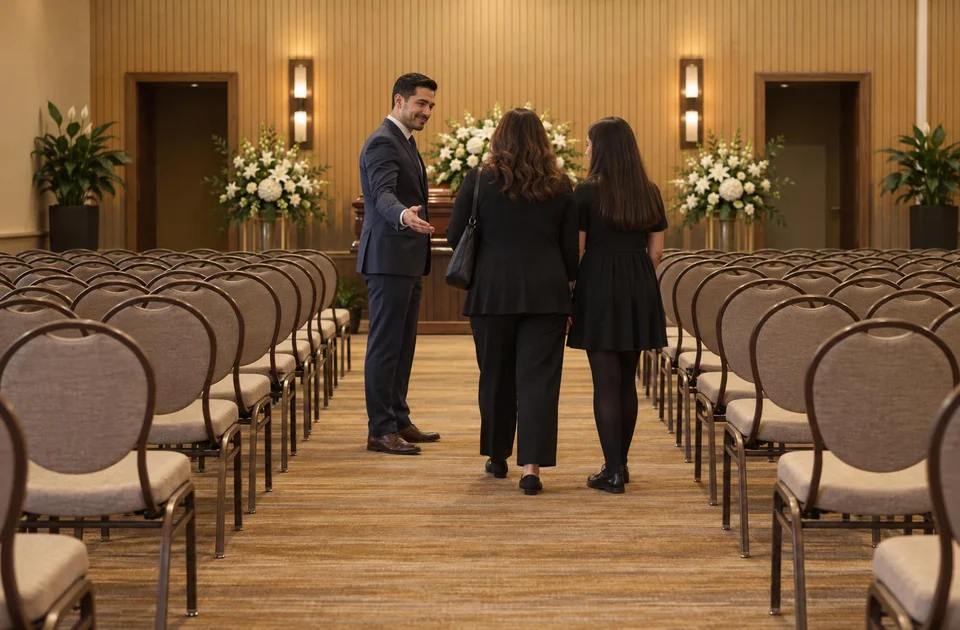 A funeral director welcomes a mother and daughter into the visitation room before a service