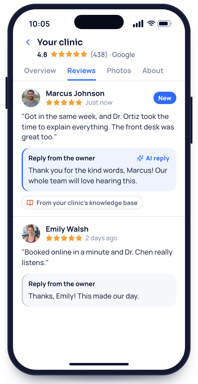 A phone with your funeral home's Google reviews and an AI reply to a new one, written from your own knowledge base.