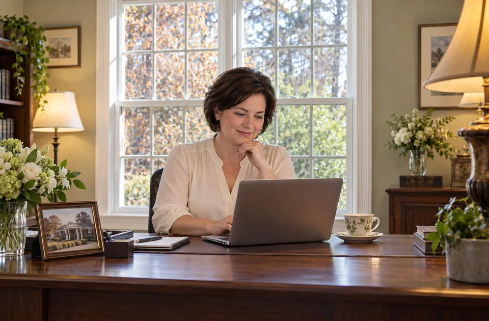 A funeral home owner looks over her month on a laptop in her office