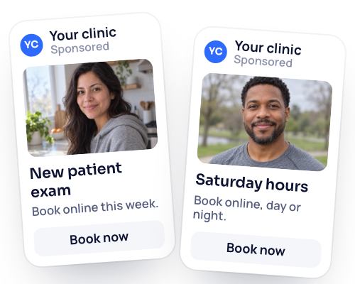 Two sponsored ads for the funeral home, one offering a first meeting and one Saturday hours, each with a Book now button.