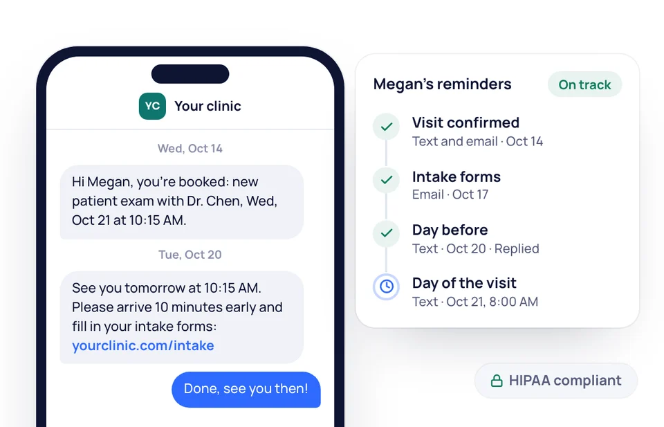A family's text thread with your funeral home beside its four reminders, from the booking confirmation to the day itself.
