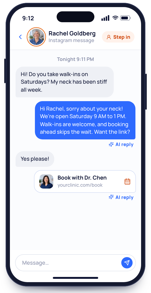 A phone with a late-night Instagram message and the AI's replies, ending in a link to book with the director.
