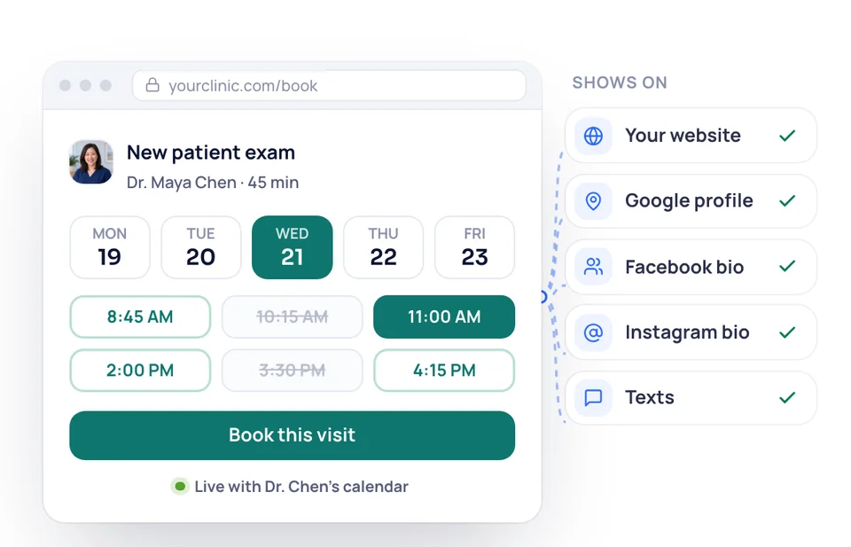 Your booking page for a first meeting, and everywhere it appears: website, Google profile, Facebook and Instagram bios, and texts.