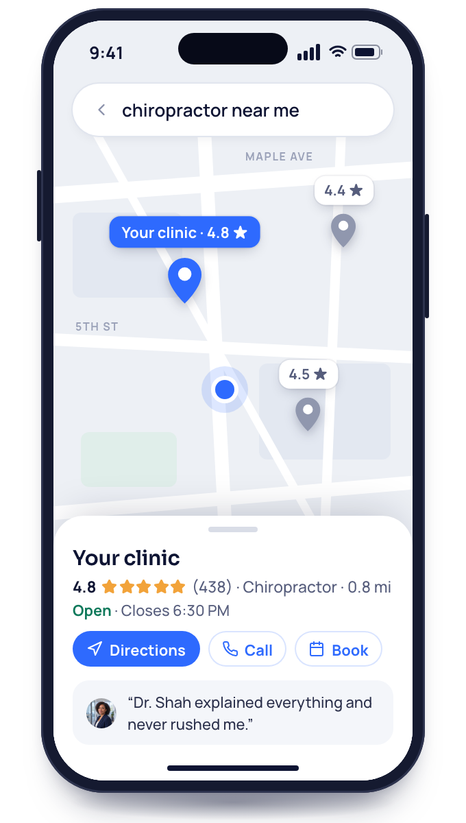 A phone map of three funeral homes, yours chosen at 4.8 stars, with its card for directions, calling and booking.