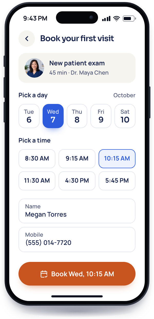 At 9:43 PM, the booking screen: Wednesday the 7th at 10:15 AM chosen, name and mobile filled in, ready to book.