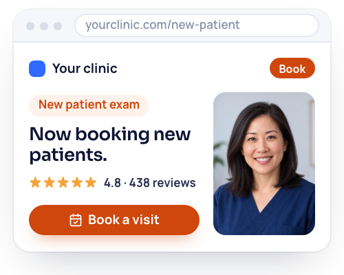 A landing page for new families in a browser, with the funeral home's star rating, a booking button and a director's photo.