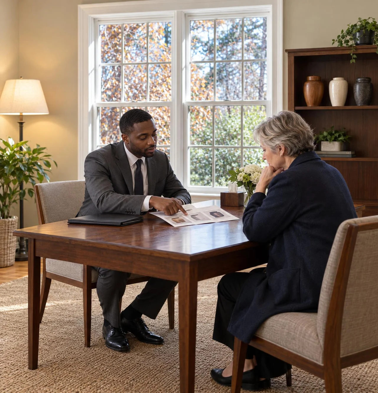 A funeral director goes over cremation packages with a woman at a table, a few simple urns on a shelf behind.
