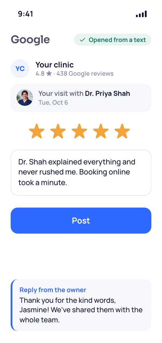 A family member's phone with your Google review page opened from a text, five stars chosen and the owner's reply below.