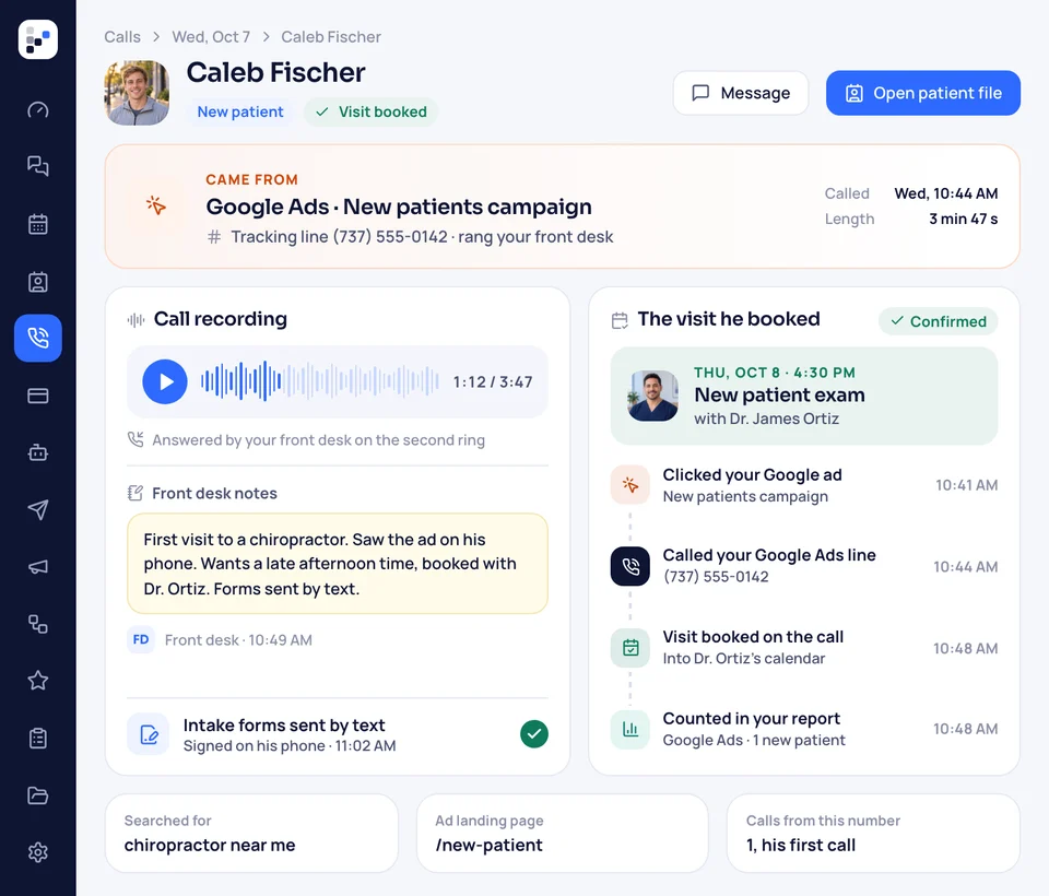 A call record from a Google ad on its own tracking number, with the recording, staff notes and the first meeting booked.