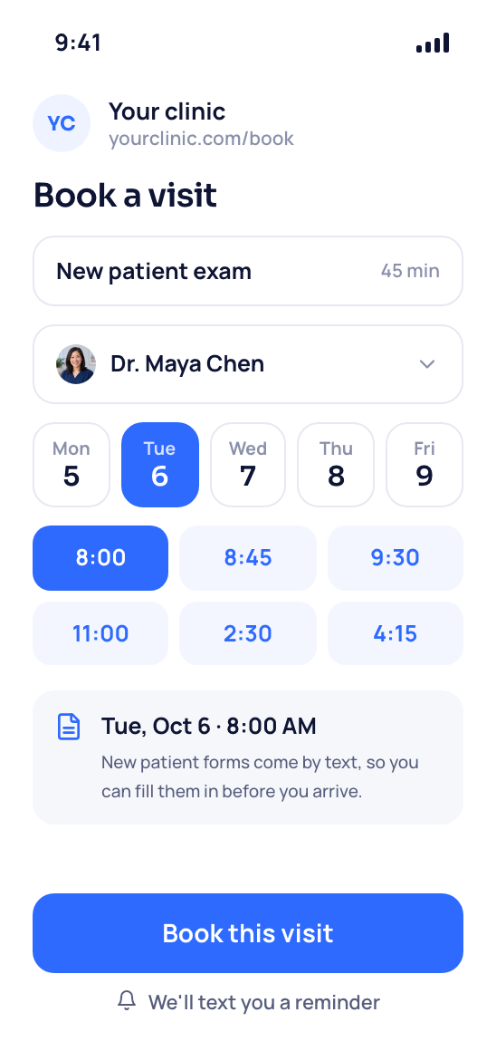 A family member's phone on your booking page, choosing a first meeting with the director on Tuesday at 8:00.