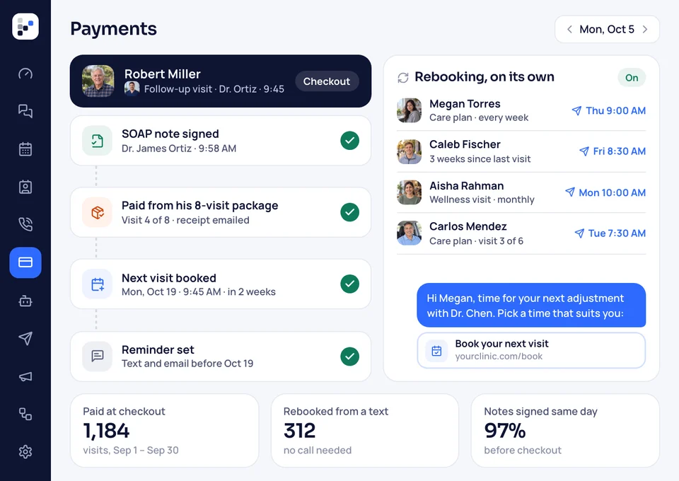 Checkout after an arrangement: notes signed, paid from a package, next meeting booked, and follow-up texts queued for other families.