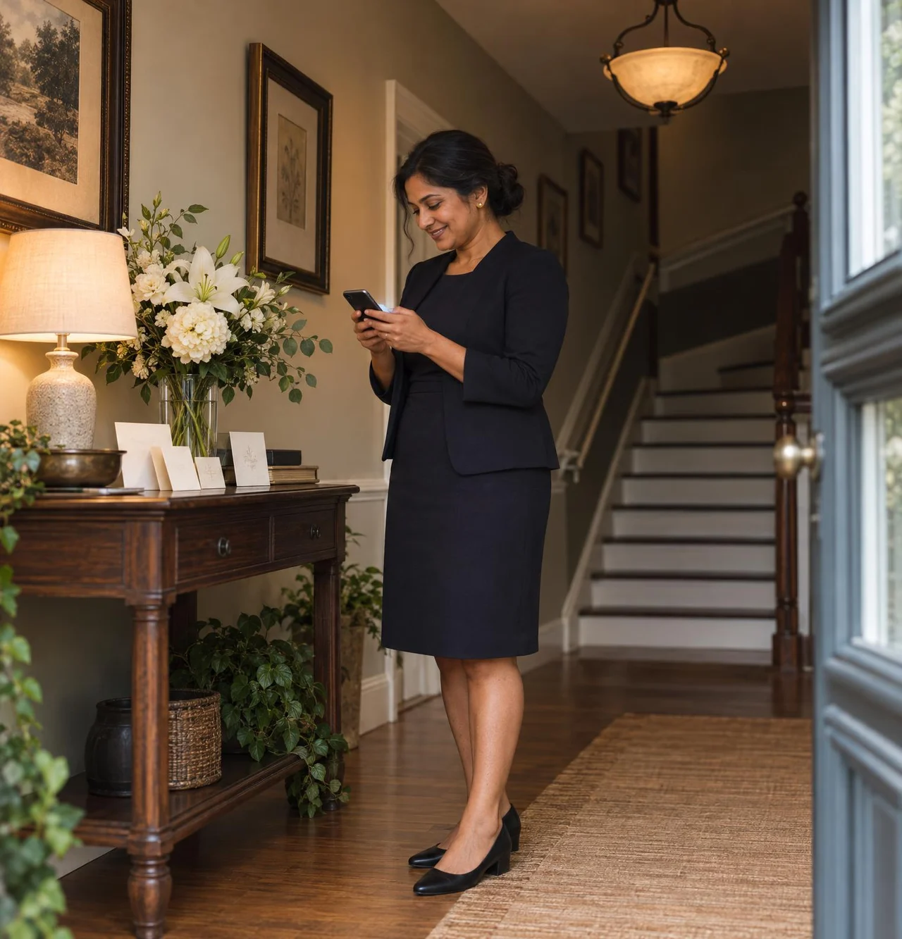 A funeral director smiles at a kind review on her phone in the front hall of the funeral home