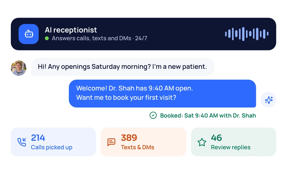 AI receptionist booking a family's Saturday meeting by text, with the calls, texts and reviews it handled