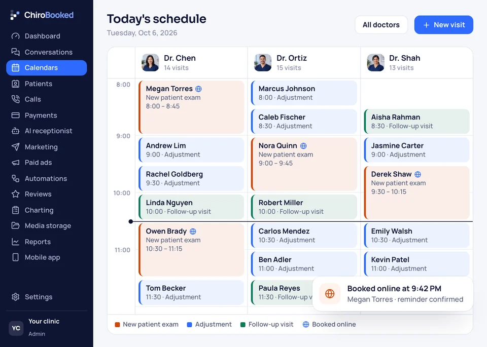 The calendar with Tuesday's appointments for three directors side by side, and a note that a family booked online at 9:42 PM.