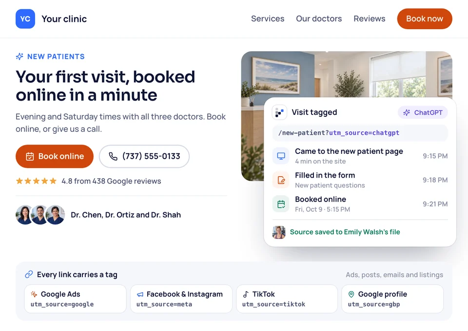 Your funeral home's page opened from a tagged ChatGPT link, with the form and online booking saved to the family's file.