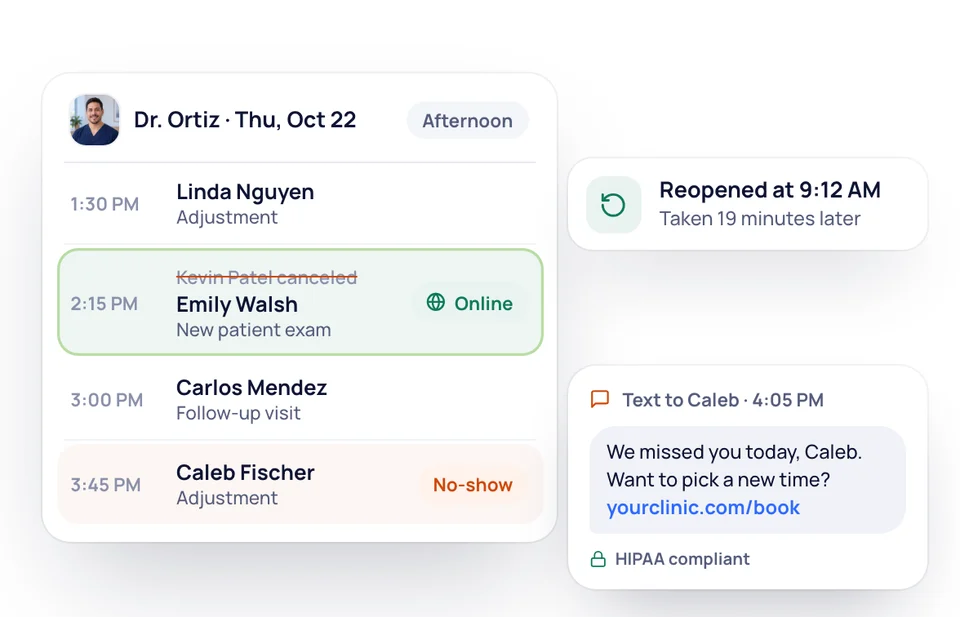 A canceled 2:15 PM slot on a director's afternoon, reopened and booked online, next to a text rebooking a missed appointment.