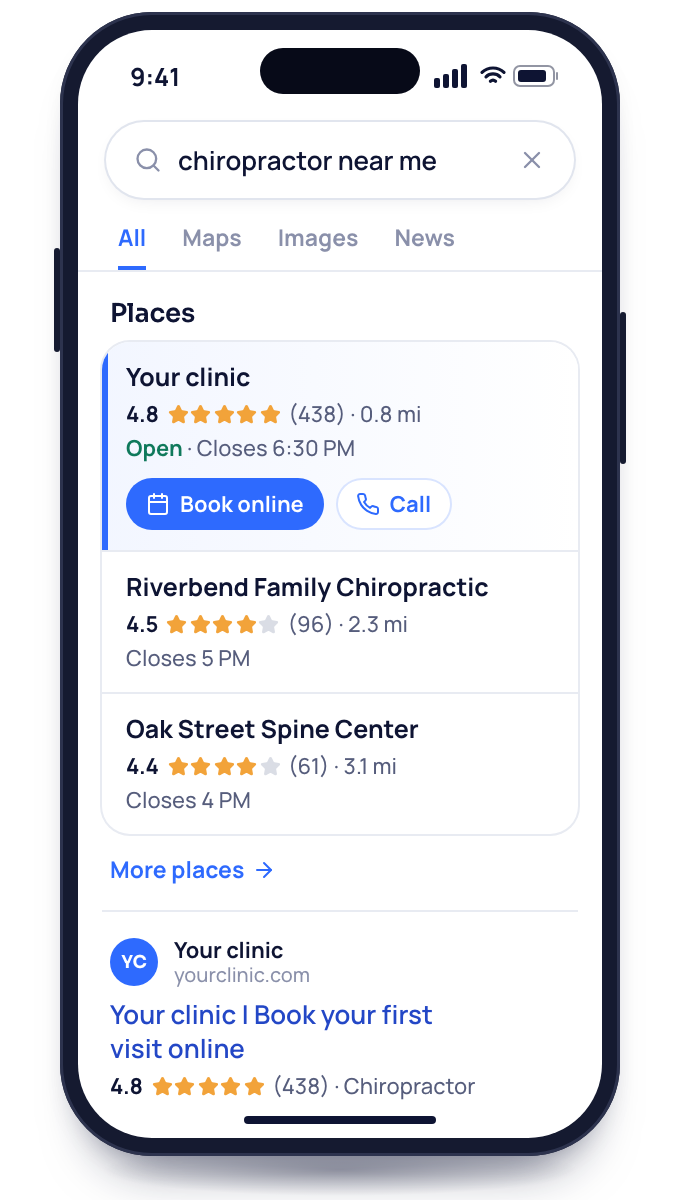 A phone search for a funeral home nearby, with yours at the top at 4.8 stars from 438 reviews.