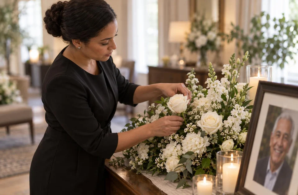 A funeral home staff member arranges white flowers beside a framed photograph before a visitation