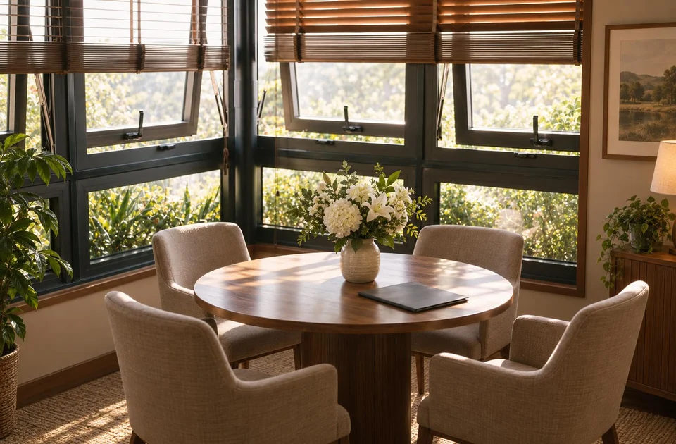 A newly redone arrangement room with a round wooden table and upholstered chairs by tall windows