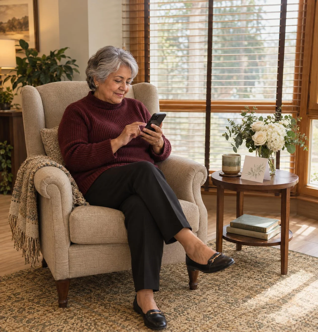 A woman writes a thank-you review for the funeral home on her phone, a few days after the service.