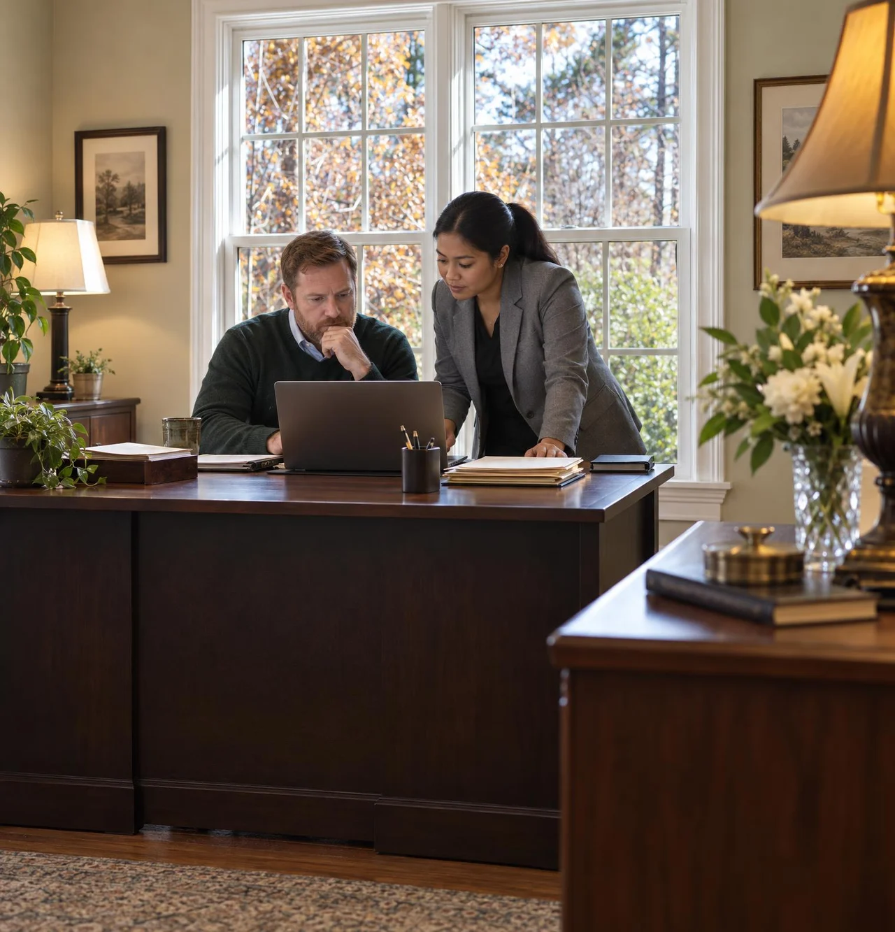A funeral home owner and his office manager check their past obituaries on a laptop before switching websites.