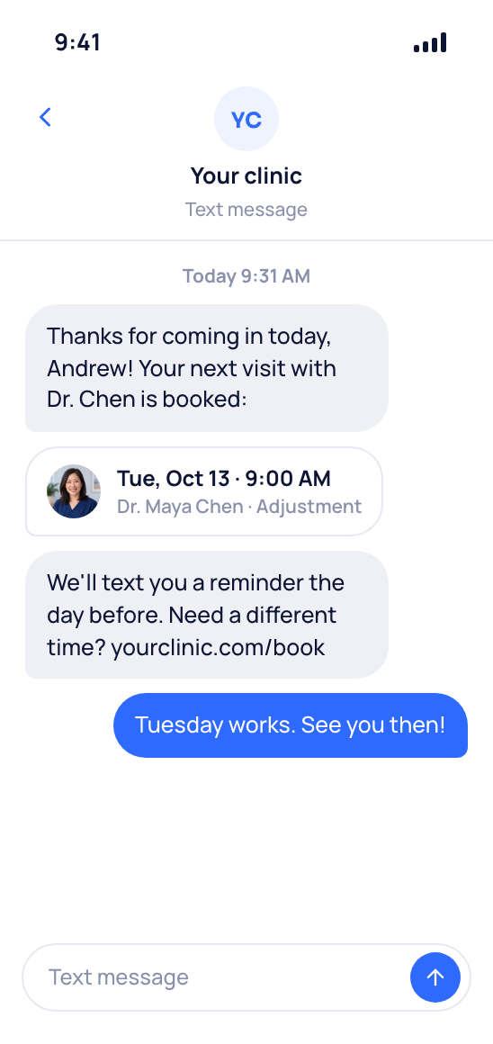 A family member's phone with a text from your funeral home confirming their next meeting with the director on Tuesday at 9:00.