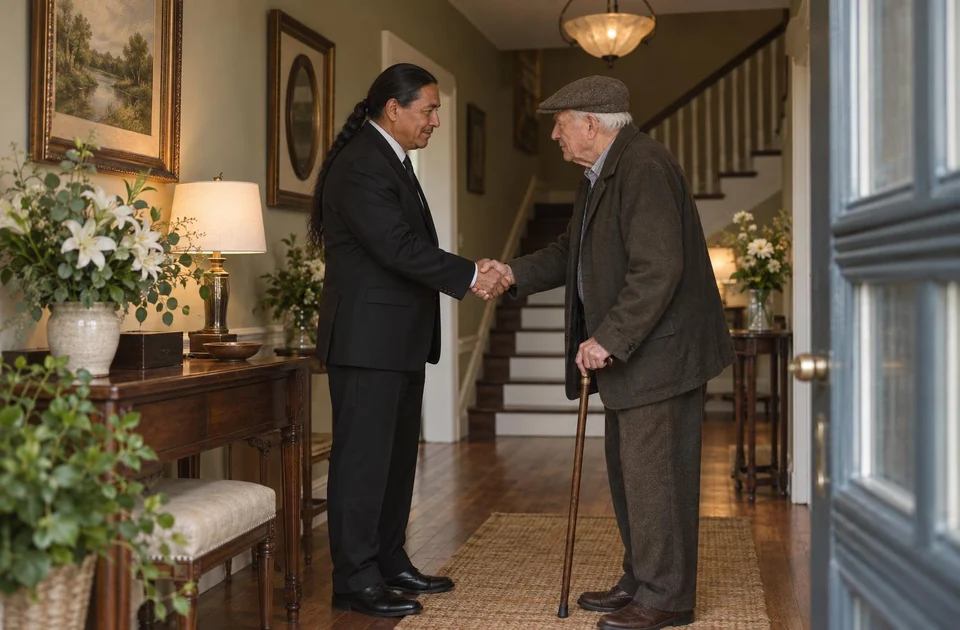 A small-town funeral director greets an older man at the front door