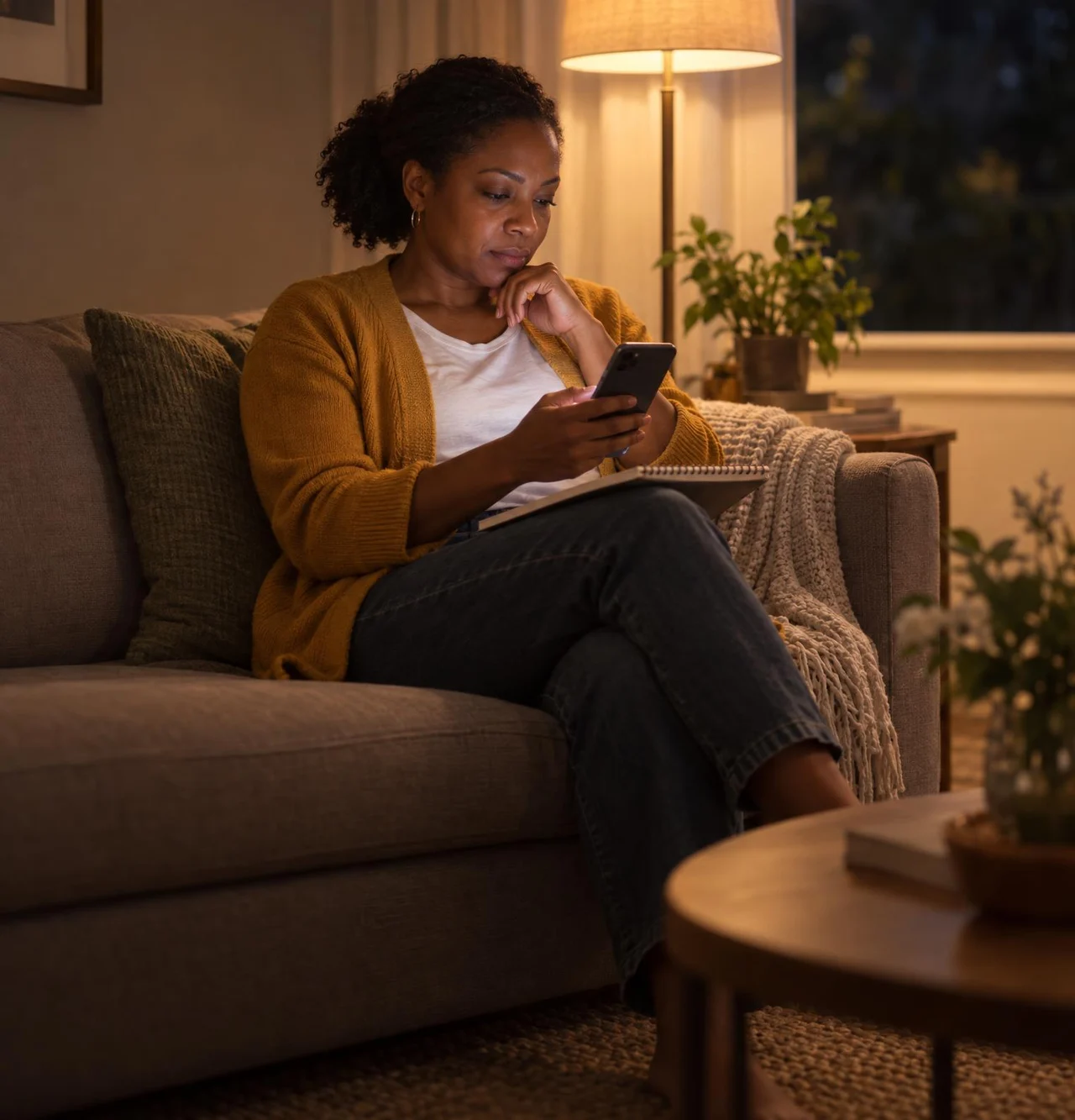 A woman searches for a funeral home on her phone at home in the evening