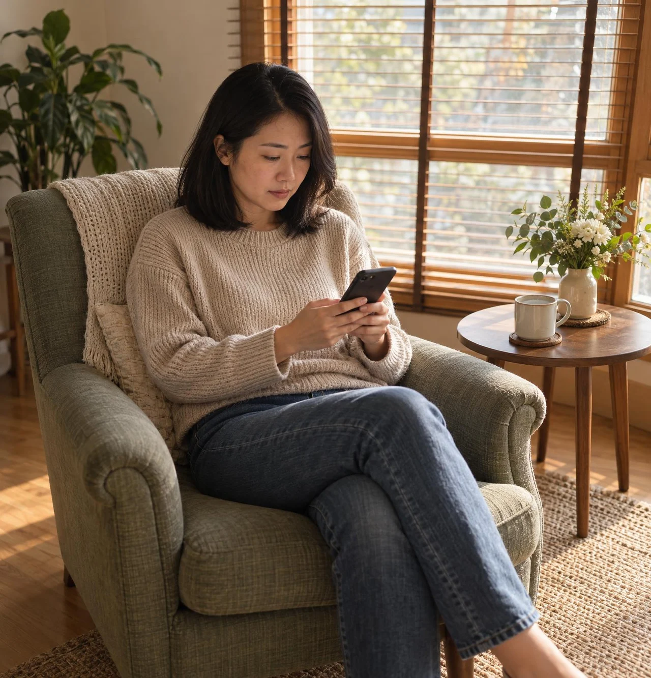 A woman reads her grandmother's obituary on the funeral home's website on her phone at home